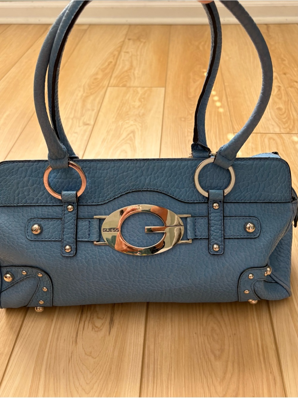 Guess Y2K Blue Textured Leather Shoulder Bag with G Logo Silver Hardware Studs